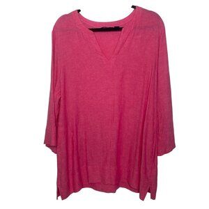 Lands End Linen Blend Tunic Top Womens XL Pink V Neck 3/4 Sleeves Lightweight Be